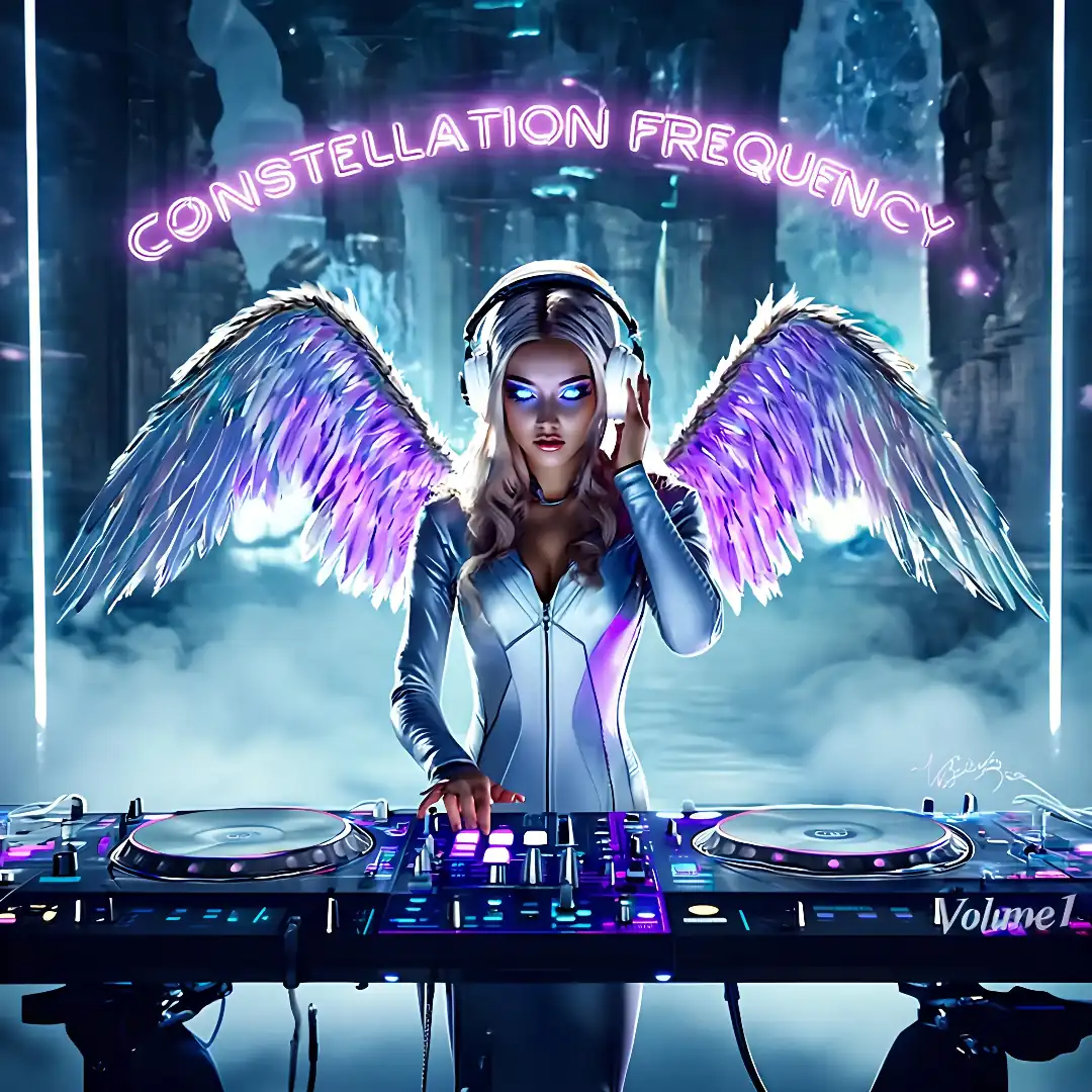 Constellation Frequency Volume 1 album cover by ToA Studios: starlit sky, electronic waveform constellations, space-inspired trance EDM
