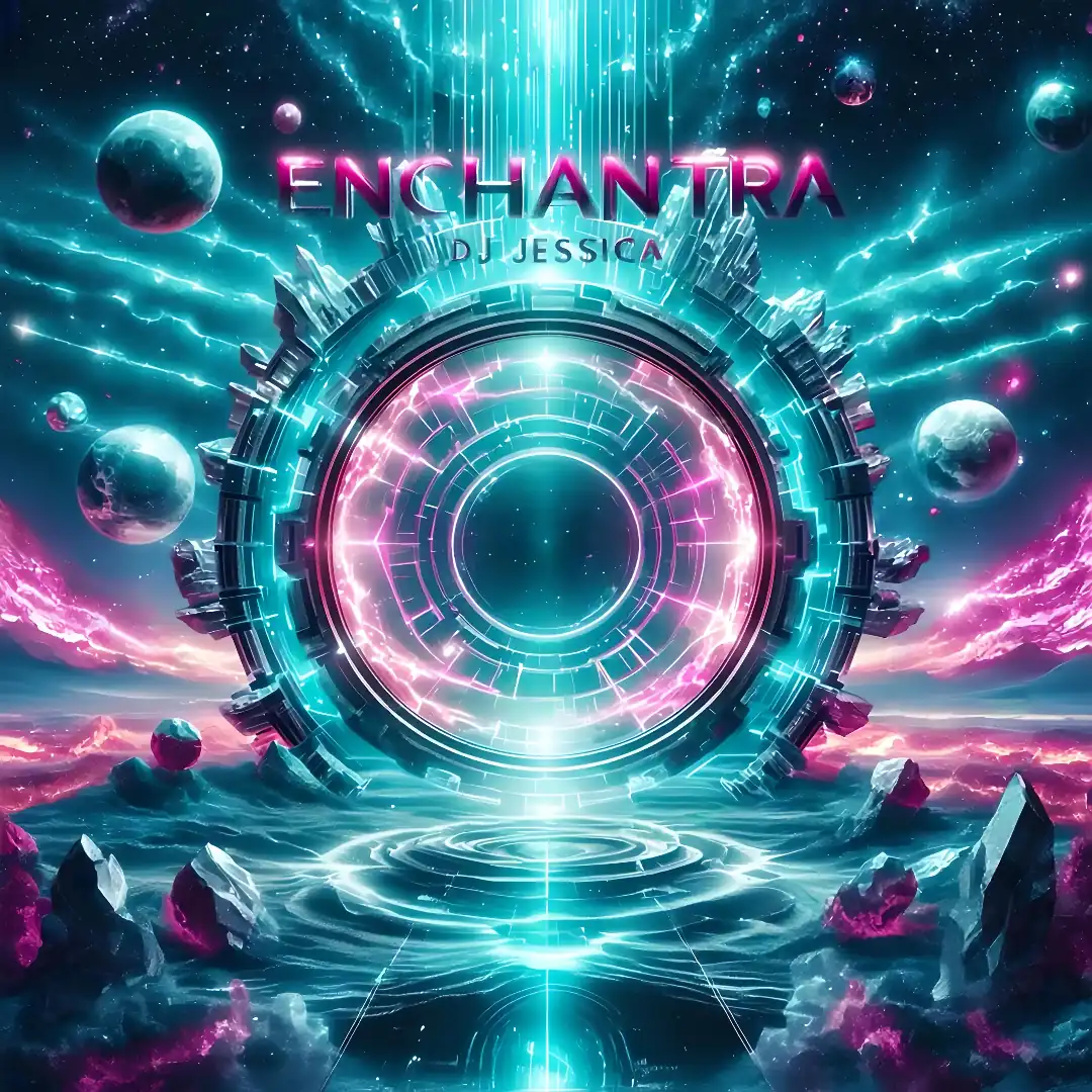 Enchantra album cover by ToA Studios: luminous trance motif, electric blue and purple energy lines, DJ Jessica, EDM album, magical dance